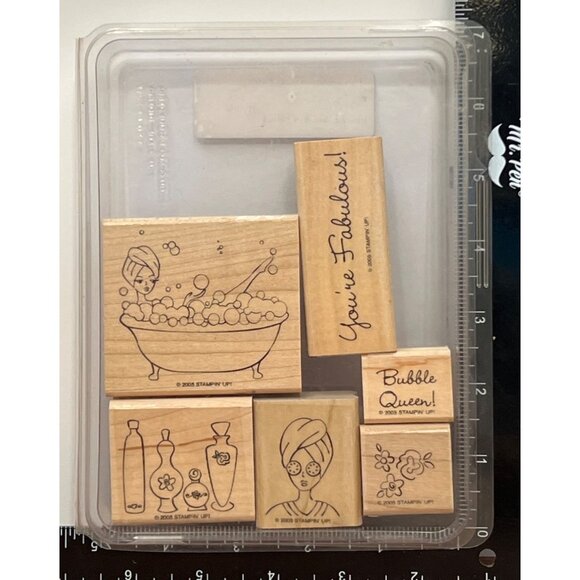 RARE Stampin Up! Bubble Queen Wood-Mounted Rubber Stamp Set bathtub spa - Picture 2 of 5